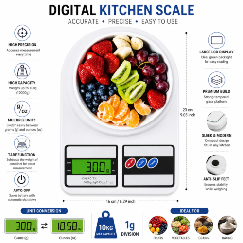Digital Kitchen Scale | 10KG Capacity | 1g Precision | LCD Display with Tare Function`