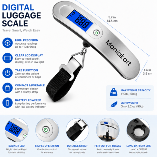 Digital Luggage Weight Scale | 50KG Capacity | Portable Hanging Scale with LCD Display`