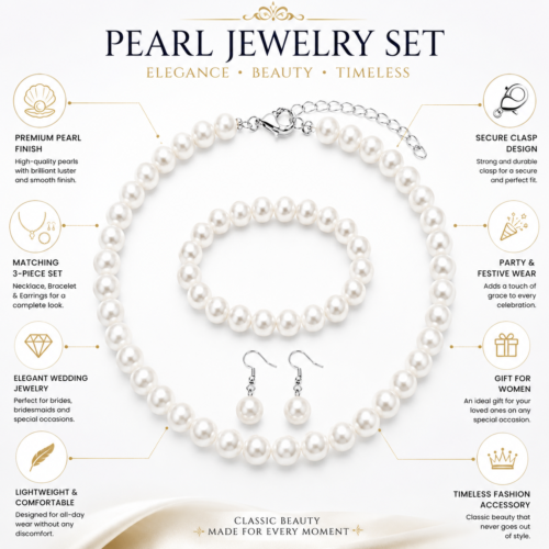 Maniakart-Premium 3-Piece Pearl Jewellery Set | Necklace + Bracelet + Earrings for Women`