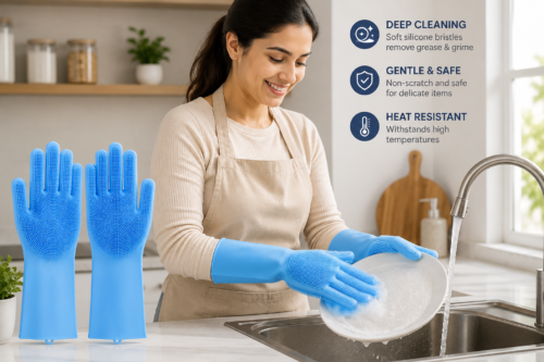 Silicone Dishwashing Gloves | Heat Resistant | With Scrubber Bristles for Deep Cleaning`