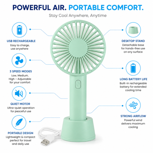 Mini Portable Rechargeable Hand Fan - USB, 3 Speed, Desktop Stand, Long Battery