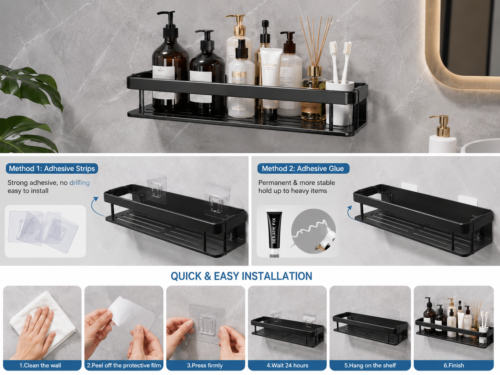 Pack of 2 Adheshive Bathroom Shelf Rack ! No Drill Wall Mounted Shower Caddy