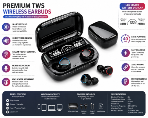 Premium TWS Wireless Earbuds with LED Display - Bluetooth 5.3, 40H Playtime