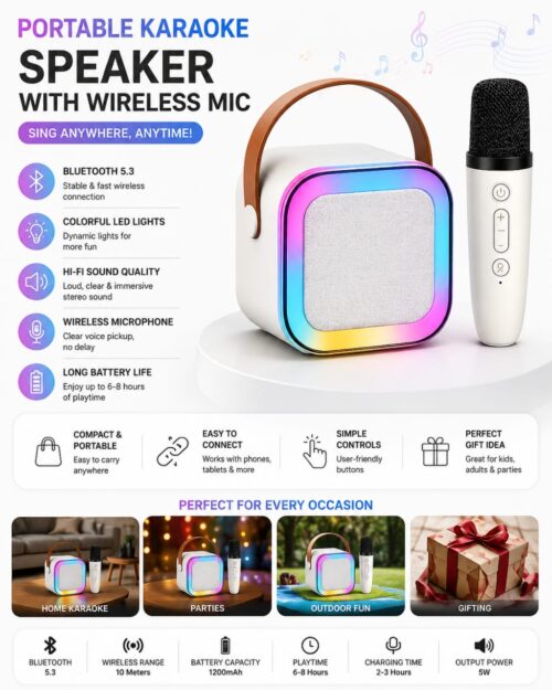 Portable Karaoke Speaker with Wireless Mic | Bluetooth 5.3 + LED Lights + 6-8H Battery`
