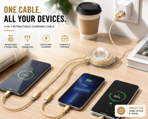 3-in-1 Retractable Charging Cable | USB-C + Lightning + Micro USB | Fast Charging`