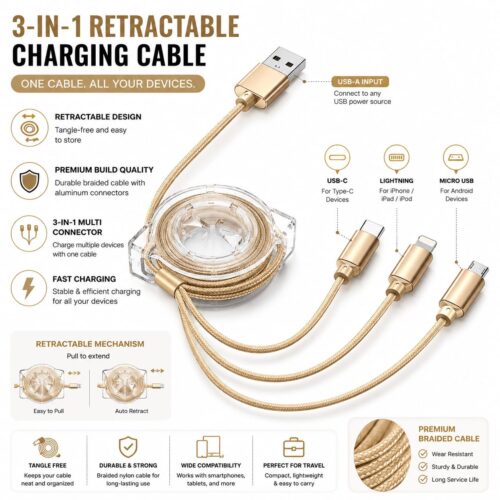 3-in-1 Retractable Charging Cable | USB-C + Lightning + Micro USB | Fast Charging`