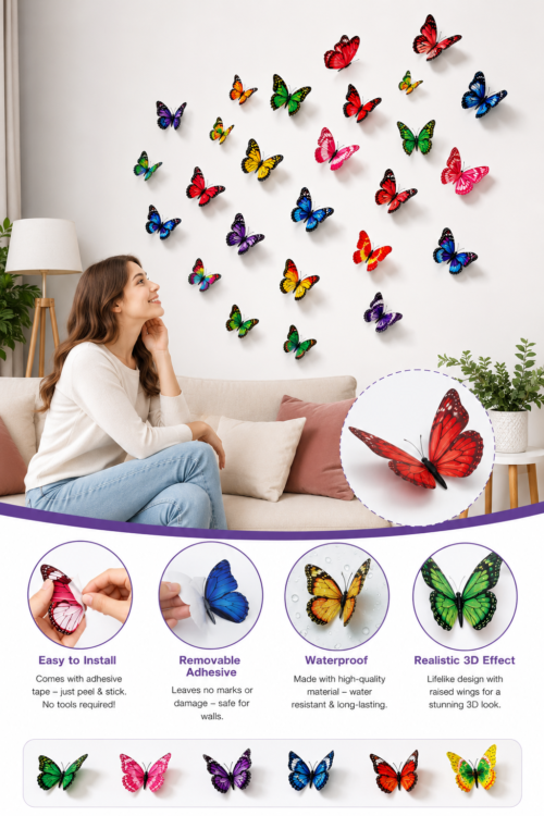 Pack of 12 Pcs 3D Butterfly Wall Stickers ! Realistic 3D Butterfly  Wall Decor for Bedroom & Kids Room