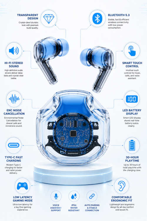 Transparent Crystal TWS Earbuds - Bluetooth 5.3, LED Display, Gaming Mode