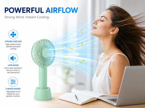 Mini Portable Rechargeable Hand Fan - USB, 3 Speed, Desktop Stand, Long Battery
