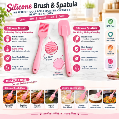 Silicone Cooking Brush & Spatula Set | Heat Resistant Kitchen Utensils | Non-Stick Friendly Oil Basting Brush & Flexible Spatula | Baking, Cooking & BBQ Accessories