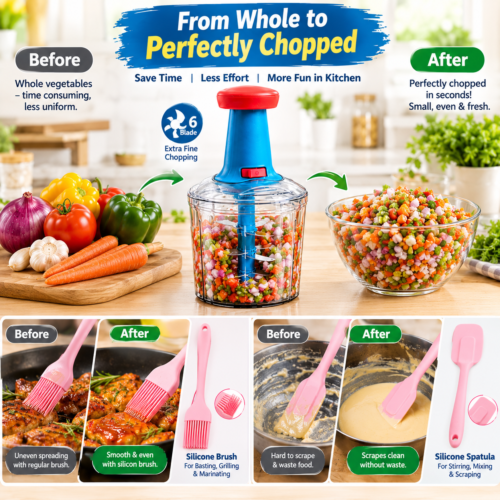 Manual 6 Blade Push Chopper | Multi-Purpose Vegetable & Food Chopper | Easy Push Hand Chopper with Sharp Stainless Steel Blades | Onion, Tomato, Carrot, Capsicum, Cabbage, Garlic & Ginger Chopper