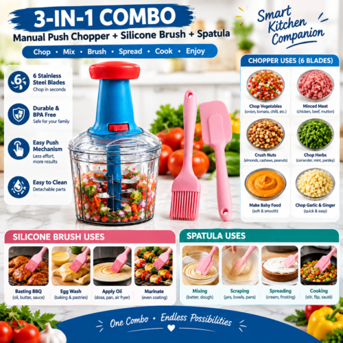 Manual 6 Blade Push Chopper | Multi-Purpose Vegetable & Food Chopper | Easy Push Hand Chopper with Sharp Stainless Steel Blades | Onion, Tomato, Carrot, Capsicum, Cabbage, Garlic & Ginger Chopper