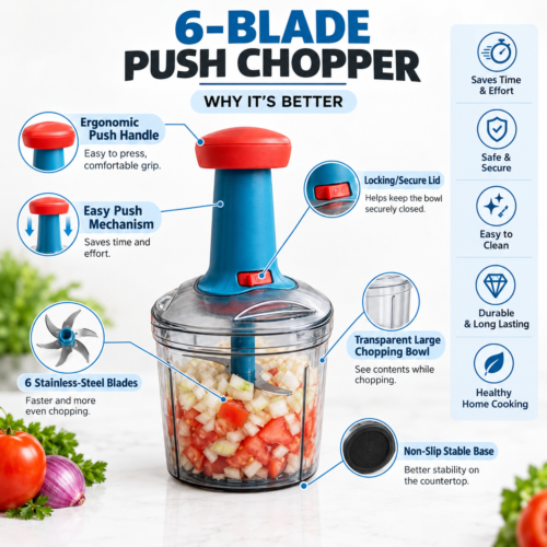 Manual 6 Blade Push Chopper | Multi-Purpose Vegetable & Food Chopper | Easy Push Hand Chopper with Sharp Stainless Steel Blades | Onion, Tomato, Carrot, Capsicum, Cabbage, Garlic & Ginger Chopper