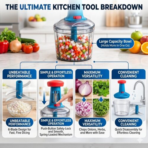 Manual 6 Blade Push Chopper | Multi-Purpose Vegetable & Food Chopper | Easy Push Hand Chopper with Sharp Stainless Steel Blades | Onion, Tomato, Carrot, Capsicum, Cabbage, Garlic & Ginger Chopper