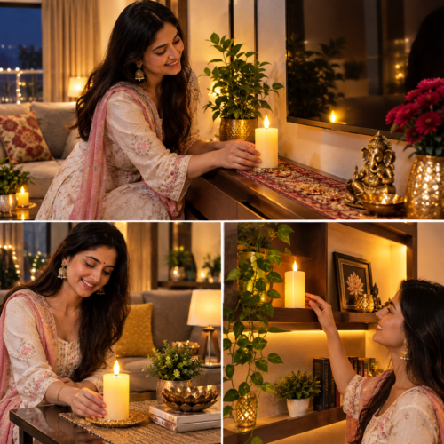 TheManiaKart Premium Festive Combo - Pack of 6 Smokeless LED Pillar Candles + 2 FREE Water Sensor Diyas | Festive Home & Puja Ghar Decoration Lights