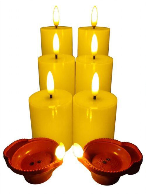TheManiaKart Premium Festive Combo - Pack of 6 Smokeless LED Pillar Candles + 2 FREE Water Sensor Diyas | Festive Home & Puja Ghar Decoration Lights