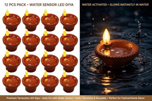 Premium Water Sensor LED Diyas - Set of 12 pcs(Water Activated, Flameless & Reusable)