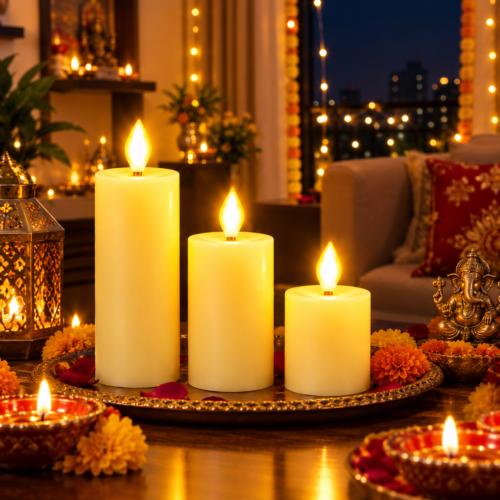 Premium Flickering LED Candle Lights - Set of 3 (Battery Operated, Safe & Smokeless)