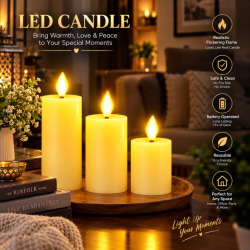 Premium Flickering LED Candle Lights - Set of 3 (Battery Operated, Safe & Smokeless)